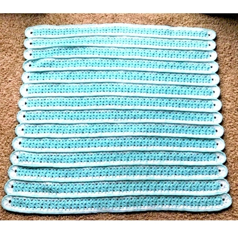 Baby Blanket Blue Green 42 x 43 in Keepsake Newborn Hand Crochet